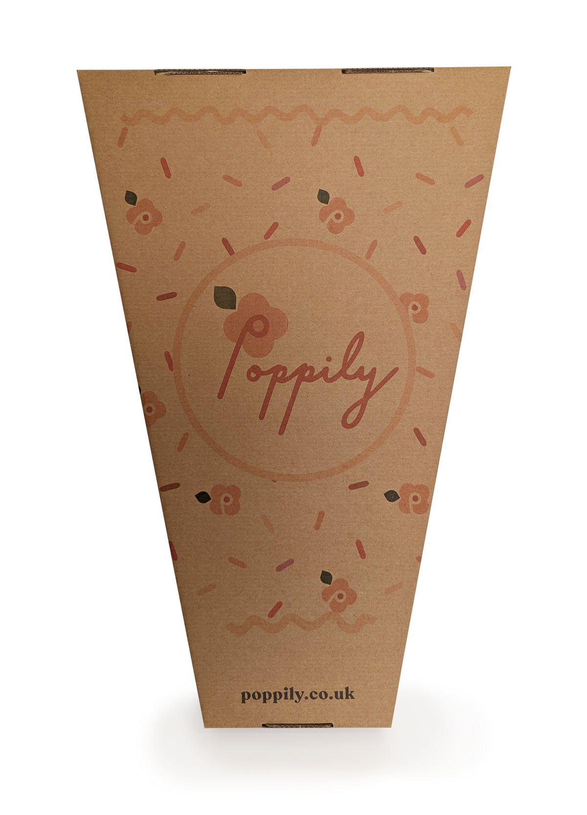 A closed Poppily branded box, photographed from the front on a plain background